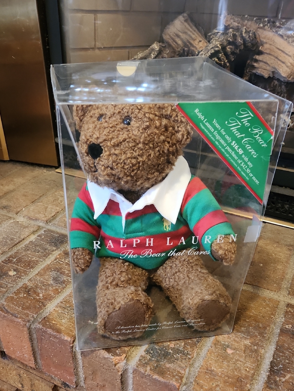 Ralph Lauren Brown Plush Bear in Green & Red Striped Rugby Shirt Preppy 2005
